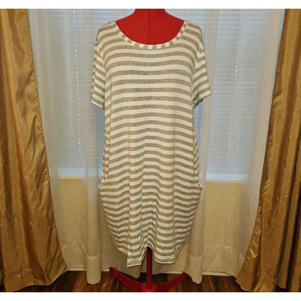 Peace & Pearls 1X Gray and White Striped Dress